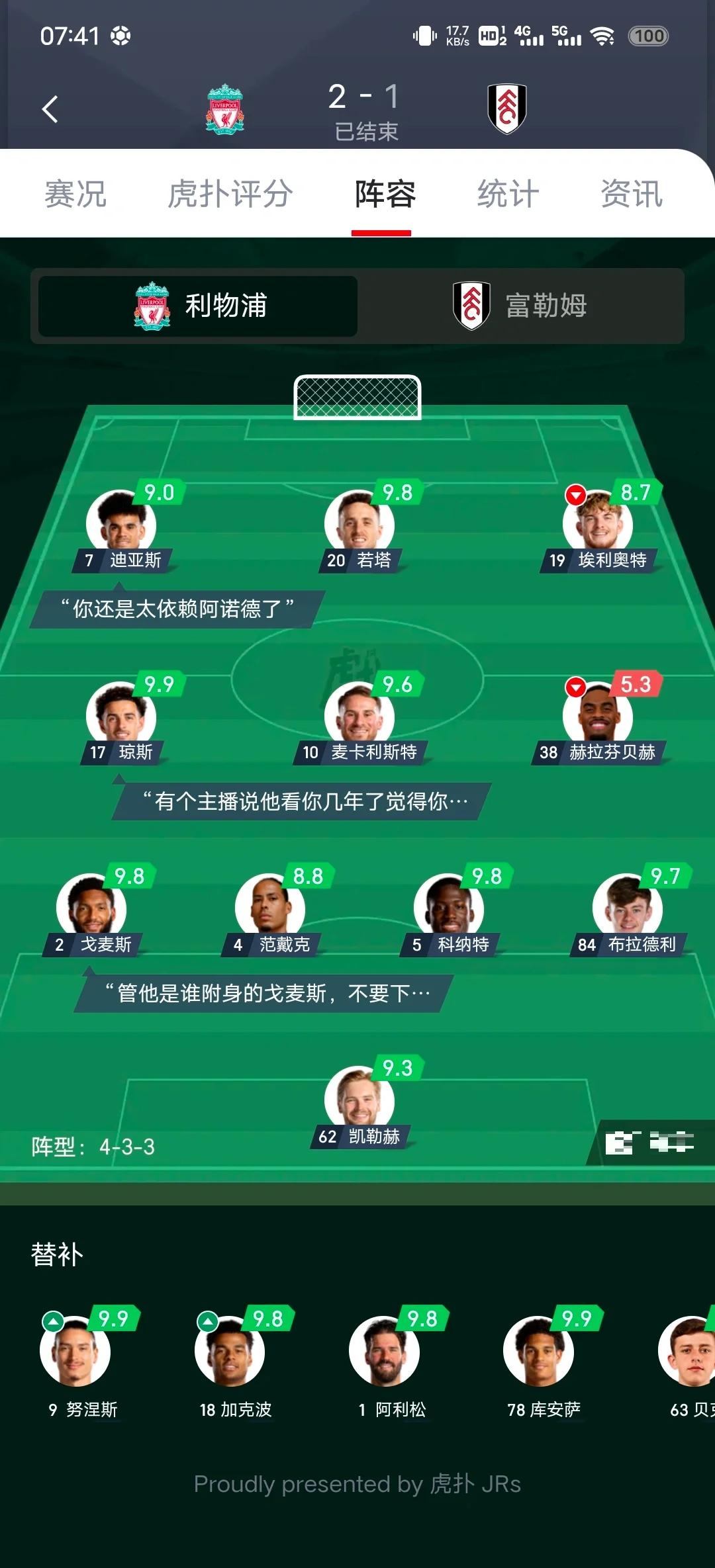 关于利物浦-逼平富勒姆，客场未能取胜的信息